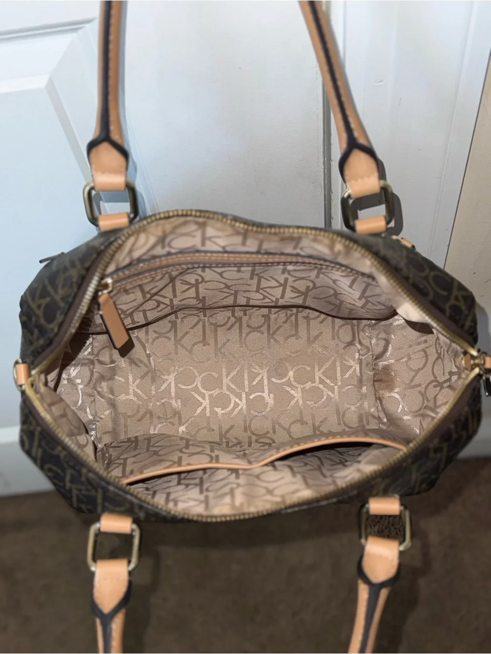 Calvin Klein Dark Brown Monogram Dome Satchel with Tan Handles